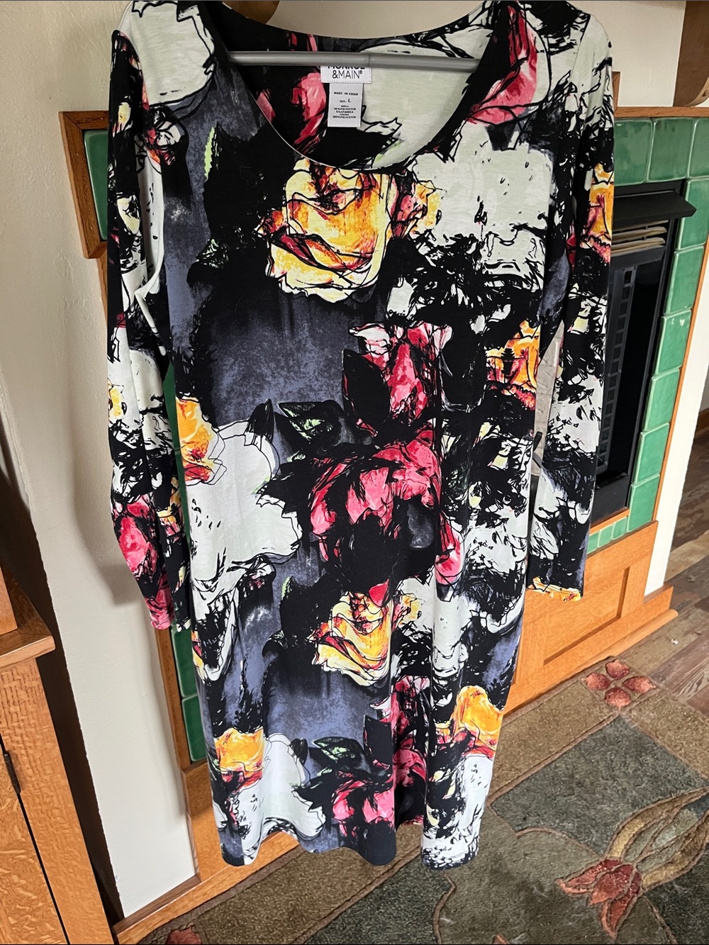 Monroe & Main Black Floral Long Sleeve Dress with Pink and Yellow Blooms